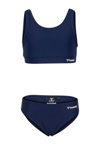 Zestaw bikini w kolorze granatowym, składający się z topu i dolnej części, wykonany z gładkiego, elastycznego materiału. Prosty design z akcentem w postaci logo na obu częściach.