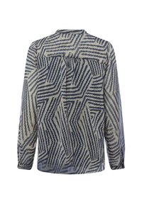 Leichtes, langärmliges Blusenshirt mit geometrischem Muster in Marineblau und Beige. Verfügt über eine Rückenpasse und einen Faltenwurf, hat einen lockeren Schnitt und eine halbtransparente Textur.