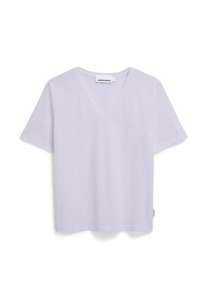 V-neck, short-sleeve t-shirt in light lavender. Made of smooth fabric with a loose fit, featuring a subtle brand tag on the side seam.