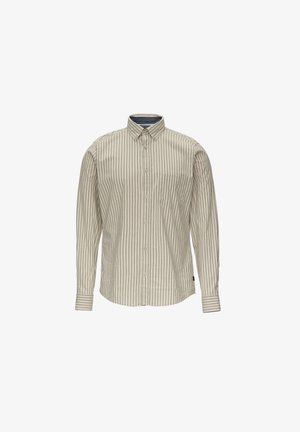 Košulja s dugim rukavima u boji bež i tamno sive s vertikalnim prugama, ovratnikom i jednim džepom na prsima. Glatka tekstura tkanine.