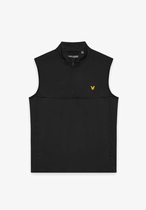 Schwarze ärmellose Weste mit Viertel-Reißverschluss vorne und kleinem gelbem Adler-Logo auf der linken Brust.