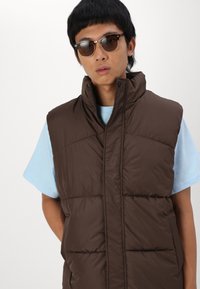 Brown puffer vest with a high collar and front zipper. Features horizontal stitching and a relaxed fit. Worn over a light blue shirt.
