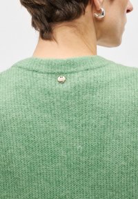 Πράσινο πλεκτό πουλόβερ με υφασμάτινη επιφάνεια, διαθέτοντας στρογγυλή λαιμόκοψη και ένα μικρό χρυσό κουμπί λεπτομέρειας στο πίσω μέρος.