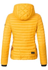 Yellow puffer jacket with horizontal quilted design, hood, and elastic cuffs. Features a logo patch on the lower side. Lightweight material.