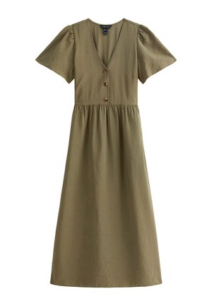 Olijfgroene jurk tot de knie met een V-hals, korte pofmouwen, drie-knopen detail en een geraffineerde taille voor een ontspannen pasvorm. Gladde textuur.