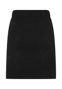 Mini-jupe noire en maille avec taille et ourlet côtelés, coupe droite, design simple, sans motifs ni ornements.