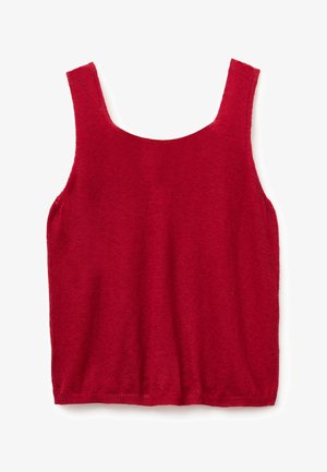 Top elegante rosso lavorato a maglia, con scollatura a girocollo, spalline larghe e vestibilità rilassata. Tessuto liscio senza motivi o decorazioni.