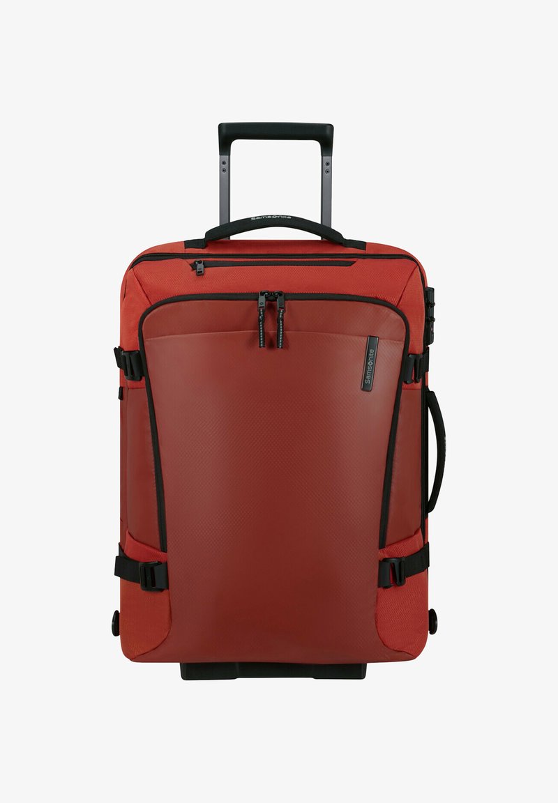 Roter Samsonite Weichschalen-Koffer mit Teleskopgriff, vorderer Reißverschlusstasche, Seitengriff und schwarzen Kompressionsgurten.