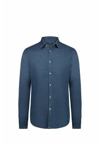 Camicia di jeans blu scuro con maniche lunghe, colletto button-down e patta dei bottoni frontale. Presenta una superficie liscia e un taglio classico.