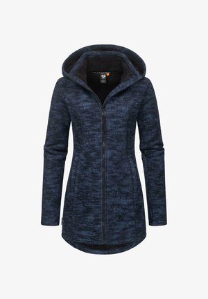 Dunkelblaue Fleecejacke mit Kapuze und strukturierter, leicht gemusterter Oberfläche. Mit Frontreißverschluss, langen Ärmeln und einem warmen, weichen Innenfutter.