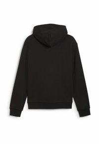 Felpa nera con cappuccio regolabile e polsini a coste. Presenta una texture morbida e un design cropped, adatta per un abbigliamento casual.