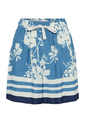 Blaue Shorts mit weißen Blumenmustern, elastischem Bund und weißem Kordelzug, mit weißen und marineblauen horizontalen Streifen am Saum.
