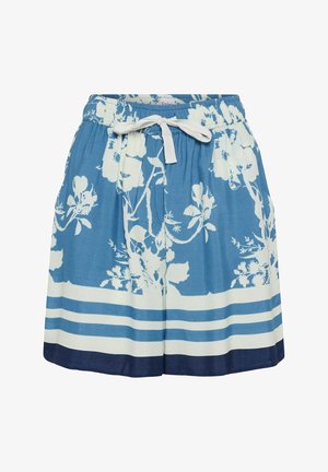 Pantaloni scurți albaștri cu modele florale albe, talie elastică și șnur alb, având dungi orizontale albe și bleumarin la tiv.