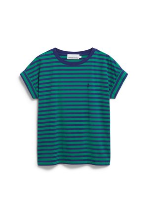 Striped T-shirt in green and navy, made of soft fabric, features a crew neck and short sleeves, with an embroidered logo on the chest.