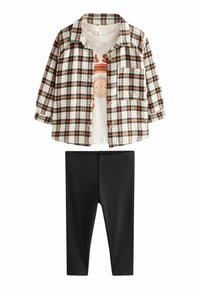 Burgundinis, oranžinis ir juodas šachmatinis marškinėliai su ilgomis rankovėmis ir krūtinės kišene, derinami su juodais išklotais legginiais. Pagaminta iš medvilnės audinio.