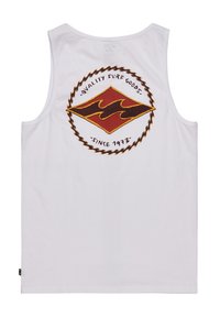 White cotton tank top featuring a round logo on the back with a diamond shape in red and yellow, surrounded by a rope design and text.