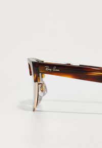 Ochelari de soare cu motive broască Țestoasă, cu accente de aur, având un cadru larg și unghiular și elemente metalice pentru atașarea lentilelor, etichetați "Ray-Ban."