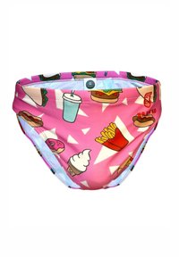 Slip da bagno in tessuto rosa con un motivo a tema cibo, caratterizzato da hamburger, patatine, gelato e bevande; cintura elastica, texture liscia.