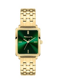 Goldfarbene quadratische Uhr mit einem strukturierten grünen Zifferblatt, ausgestattet mit goldenen Zeigern und Stundenmarkierungen, komplett mit einem verbundenen Metallarmband.