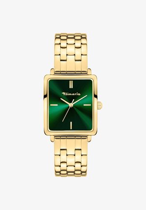 Goldfarbene quadratische Uhr mit einem strukturierten grünen Zifferblatt, ausgestattet mit goldenen Zeigern und Stundenmarkierungen, komplett mit einem verbundenen Metallarmband.