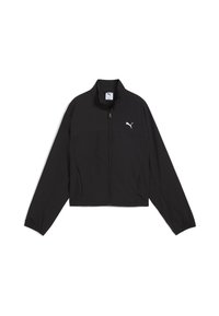 Črna zip-up jakna iz lahkega materiala, z visokim ovratnikom, dolgimi rokavi in majhnim belim logotipom na prsih.