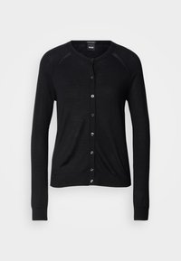 Svarte cardigan med rund hals, lange ermer, knappestolpe og glatt tekstur; inkluderer knapper i sølvfarget tone og ribbestrikkede mansjetter.