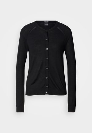 Black cardigan featuring a crew neckline, long sleeves, button closure, and a smooth texture; includes silver-tone buttons and ribbed cuffs.