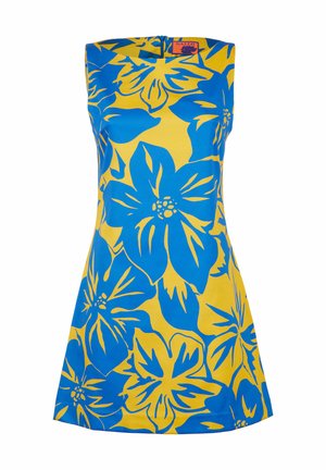 Abito senza maniche con uno sfondo giallo e grandi motivi floreali blu. Realizzato in un tessuto liscio con una silhouette dritta.