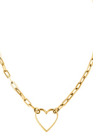Gouden ketting met langwerpige schakels en een hol hart hanger. Gladde textuur, glanzende afwerking en een minimalistisch ontwerp.