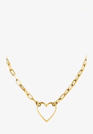 Collana in oro con maglie allungate e un pendente a forma di cuore cavo. Texture liscia, finitura lucida e design minimalista.