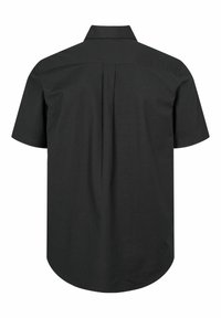 Black short-sleeve shirt with a classic collar, back pleat detail, and curved hem. Made of smooth fabric with a solid color.