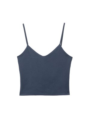 Camicetta corta di colore blu navy con scollo a V, spalline sottili e regolabili, e una consistenza morbida e liscia. Nessun motivo o decorazione presente.
