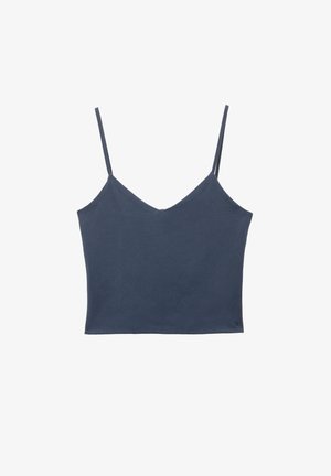 Tengerészkék, cropped pántos top, V-kivágással, vékony állítható pántokkal és puha, sima textúrával. Minták vagy díszítések nincsenek rajta.