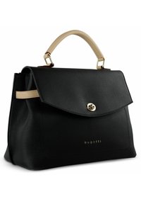 Borsa a tracolla in pelle nera texturizzata con chiusura a patta, manico beige, accessori dorati e nome del marchio impresso sulla parte anteriore.