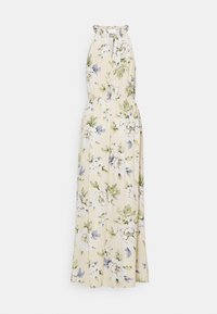 Robe maxi sans manches avec col licou, fond crème et motif floral vert, blanc et bleu, avec une encolure en trou de serrure.