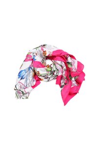 Foulard in seta con un motivo floreale nei colori rosa, blu e arancione. I bordi sono rifiniti con un bordo rosa uniforme.