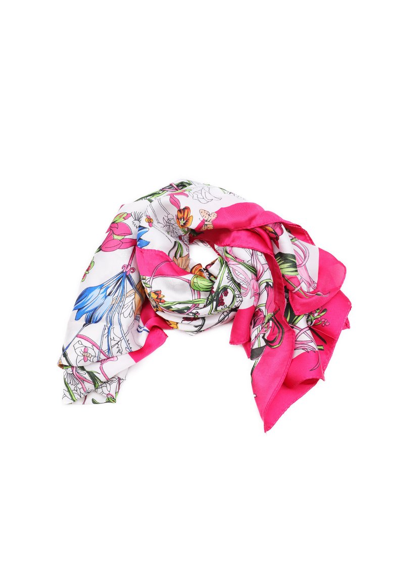 Foulard in seta con un motivo floreale nei colori rosa, blu e arancione. I bordi sono rifiniti con un bordo rosa uniforme.