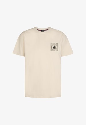 Beige katoenen T-shirt met een ronde hals en korte mouwen. Voorzien van een zwart-witte grafische print op het linkerborstgebied.