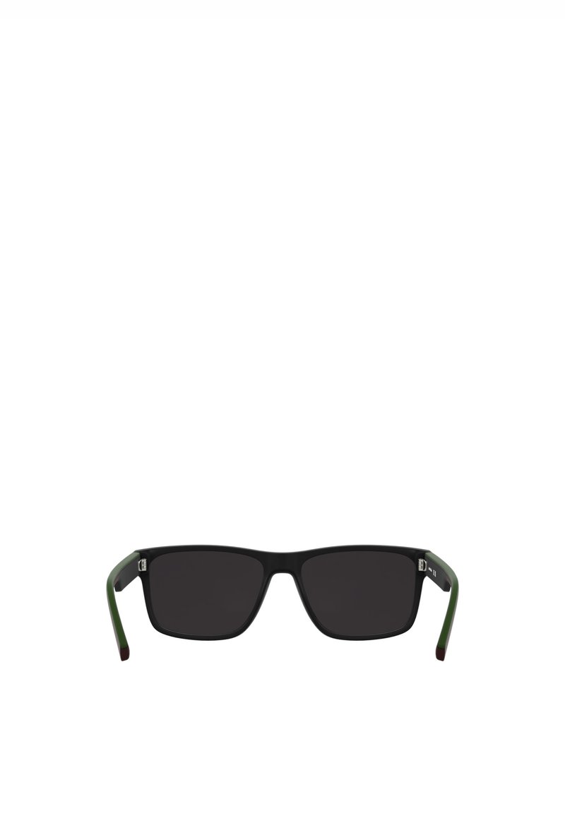 Lunettes de soleil rectangulaires noires avec verres foncés, branches ornées d'un dégradé vert et marron, fabriquées en plastique léger.