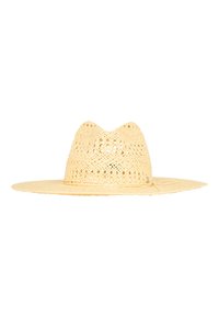 Klobouček se širokým okrajem vyrobený z proutí s tkaným vzorem, zaoblenou korunkou a béžovou barvou. Má plochý okraj a jemné dekorační švy.