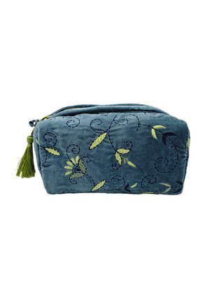 Pochette rectangulaire en velours bleu avec fermeture éclair à pompon vert et motifs brodés de vignes florales en vert et bleu foncé.