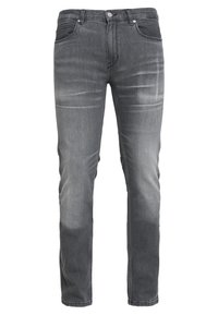 Vaqueros de mezclilla gris con un corte recto, que presentan un lavado desgastado, cinco bolsillos y cierre de botón metálico. Cintura de altura media y dobladillo limpio.