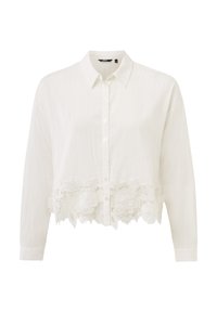 Witte blouse met lange mouwen, knoopsluiting en een cropped ontwerp. Voorzien van bloemige kantdetails aan de onderkant voor extra textuur.