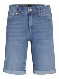 Denimshorts i ljusblått, med rullad fåll, framknappstängning och stickningsdetaljer. Tillverkade av ett mjukt, hållbart tyg.