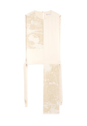 Blouse crème avec un imprimé paysage texturé beige sur un côté et un détail à nouer à la taille. Tissu lisse, encolure ronde, fermeture au dos.