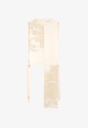 Crème blouse met een textuur, beige landschap print aan één kant en strikdetail op de taille. Glad weefsel, ronde halslijn, sluiting aan de achterkant.