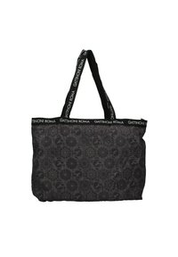 Borsa tote nera con tessuto stampato che presenta design geometrici; manici lunghi e resistenti con logo bianco lungo il bordo superiore.