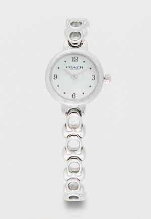 Silberne Silver Coach Armbanduhr mit weißem rundem Zifferblatt, minimalistischer schwarzer Beschriftung und verbundenem rundem Gliederarmband.
