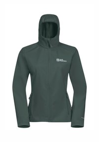 Donkergroene softshelljas met ritssluiting en capuchon, twee zijzakken met rits, en het witte Jack Wolfskin-logo op de borst.