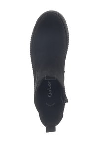 Bottines noires en suède, avec un panneau latéral élastique et une semelle en caoutchouc texturée. Comprend une languette pour un enfilage facile. Marquage intérieur visible.